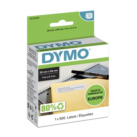 Dymo White Black Print Label Roll, 25mm Width, 54mm Height, 500Per Roll Qty [S0722520]; 272-2764