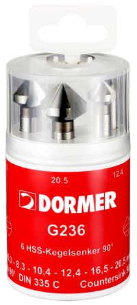 Dormer HSS Countersink, 6.30 mm, 8.3 mm, 10.4 mm, 12.4 mm, 16.5 mm, 20.5 mm Head, 90°, 6 Piece(s) [G2364]; 272-9399