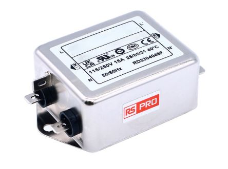 RS PRO 15A 250 V ac 50/60Hz, Chassis Mount EMI Filter, Fast-On, Single Phase [0]; 273-4899