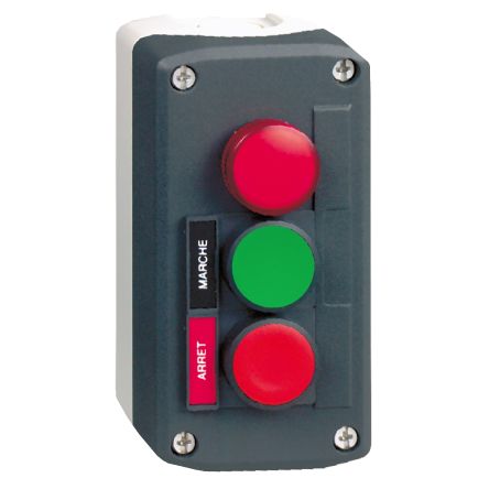Schneider Electric Slow Break Push Button Control Station - 1 NC, 1 NO, Polycarbonate, None Cutouts, Green, Red, ARRET, [XALD361B]; 276-2494