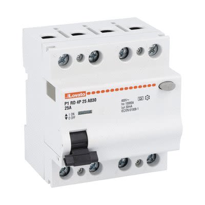 Lovato P1RD MCCB, 25A, 4 Pole, 30mA, Type A, 230 or 400V ac [P1RD4P25A030]; 276-5668