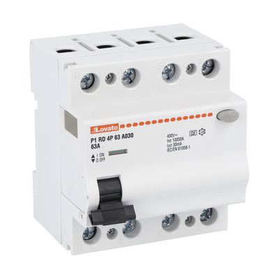 Lovato P1RD MCCB, 63A, 4 Pole, 30mA, Type A, 230 or 400V ac [P1RD4P63A030]; 276-5672