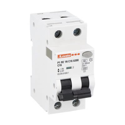 Lovato RCBO, 16A Current Rating, 1P + N Poles, 300mA Trip Sensitivity, Type A, P1RE1NC Range [P1RE1NC16A300]; 276-5680