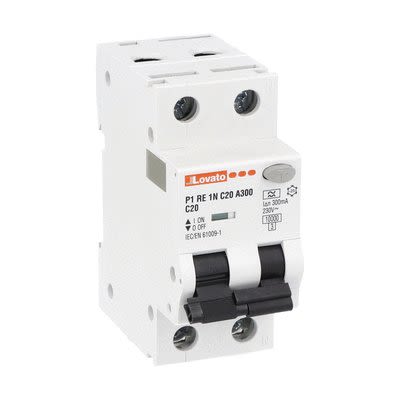 Lovato RCBO, 20A Current Rating, 1P + N Poles, 300mA Trip Sensitivity, Type A, P1RE1NC Range [P1RE1NC20A300]; 276-5682