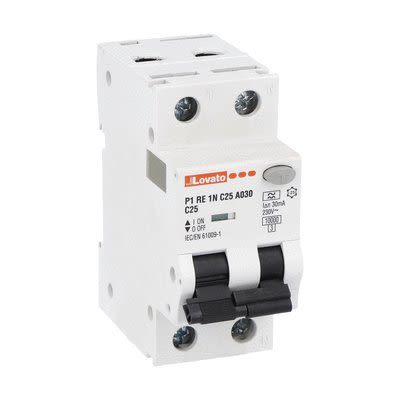 Lovato RCBO, 25A Current Rating, 1P + N Poles, 30mA Trip Sensitivity, Type A, P1RE1NC Range [P1RE1NC25A030]; 276-5683