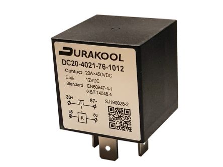 Durakool Plug In Power Relay, 12V dc Coil, 35A Switching Current, SPST-NO [DC20-4021-76-1012]; 276-5956