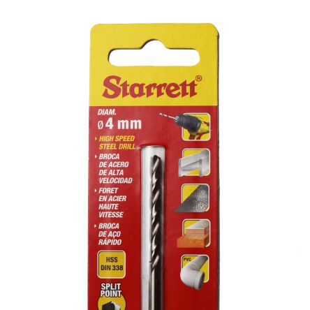 Starrett KBAR Series HSS Twist Drill Bit, 4mm Diameter, 75 mm Overall [KBAR040]; 276-8566