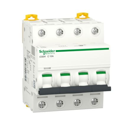 Schneider Electric Acti9 A9F MCB, 4P, 10A, 440V AC, 250V DC, 10000 A Breaking Capacity [A9F87410]; 276-8727
