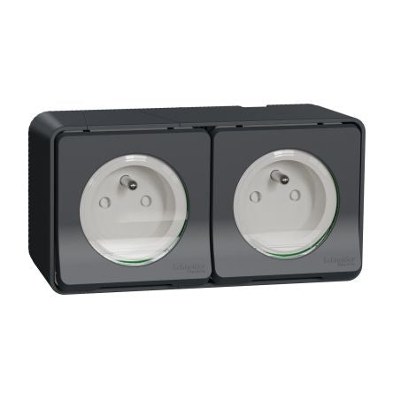 Schneider Electric Grey 2 Gang Plug Socket, 2 Poles, 16A, French 2P, Indoor, Outdoor Use [MUR36028]; 276-8897