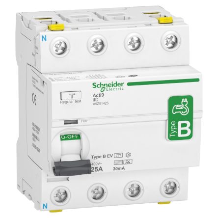 Schneider Electric A9Z RCCB, 25A, 4 Pole, 30mA, Type B-EV, 400V ac [A9Z51425]; 276-9128