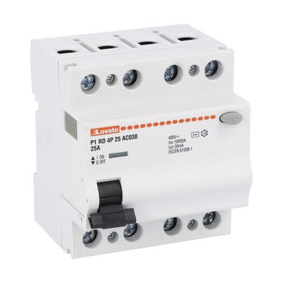 Lovato P1RD Residual Current Circuit Breaker, 25A, 4 Pole, 30mA, Type AC, 230 V ac, 400 V ac [P1RD4P25AC030]; 277-5045