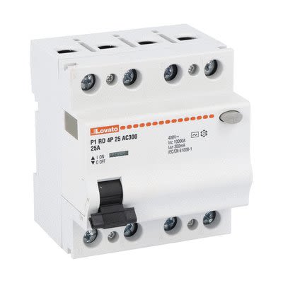 Lovato P1RD Residual Current Circuit Breaker, 25A, 4 Pole, 300mA, Type AC, 230 V ac, 400 V ac [P1RD4P25AC300]; 277-5046