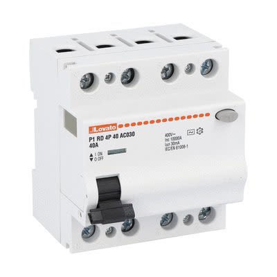 Lovato P1RD Residual Current Circuit Breaker, 40A, 4 Pole, 30mA, Type AC, 230 V ac, 400 V ac [P1RD4P40AC030]; 277-5047