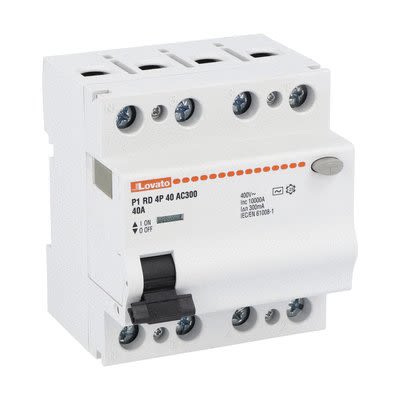 Lovato P1RD Residual Current Circuit Breaker, 40A, 4 Pole, 300mA, Type AC, 230 V ac, 400 V ac [P1RD4P40AC300]; 277-5048