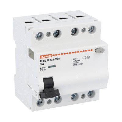 Lovato P1RD Residual Current Circuit Breaker, 63A, 4 Pole, 30mA, Type AC, 230 V ac, 400 V ac [P1RD4P63AC030]; 277-5049