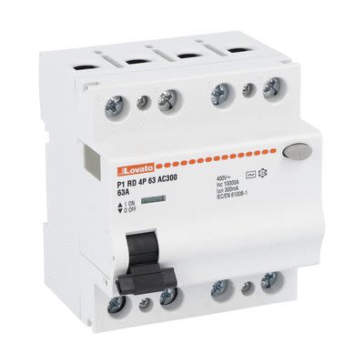 Lovato P1RD Residual Current Circuit Breaker, 63A, 4 Pole, 300mA, Type AC, 230 V ac, 400 V ac [P1RD4P63AC300]; 277-5050