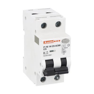 Lovato RCBO, 25A Current Rating, 1P+N Poles, 300mA Trip Sensitivity, Type C, P1 Range [P1RE1NC25AC300]; 277-5060