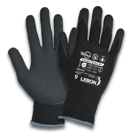 Lebon Protection FLEXITOUCH Black Elastane, Polyamide Abrasion Resistant Work Gloves, Size 9, Bi-Polymer Coating [FLEXITOUCH-9]; 277-9471