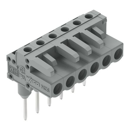 WAGO 232 Series Angled Rail Mount PCB Connector, 6-Contact, 1-Row, 5mm Pitch, Plug-In Termination [232-236/005-000]; 278-1361