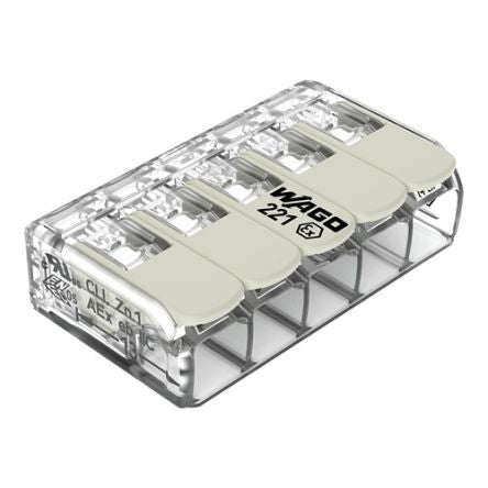 WAGO 221 Series Connector, 5-Way, 30A, 10 AWG Wire, Plug In Termination [221-685]; 278-2800