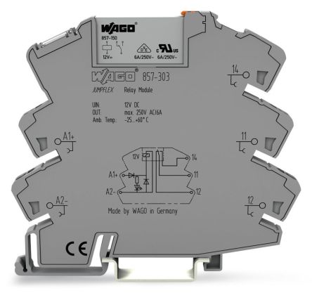 WAGO 857 Series Relay Module, DIN Rail Mount, 12V dc Coil, SPDT, 1-Pole, 6A Load [857-303]; 279-2517