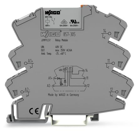 WAGO 857 Series Relay Module, DIN Rail Mount, 48V dc Coil, SPDT, 1-Pole, 6A Load [857-305]; 279-2518