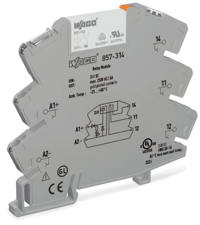 WAGO 857 Series Relay Module, DIN Rail Mount, 24V dc Coil, SPDT, 1-Pole, 6A Load [857-314]; 279-2519