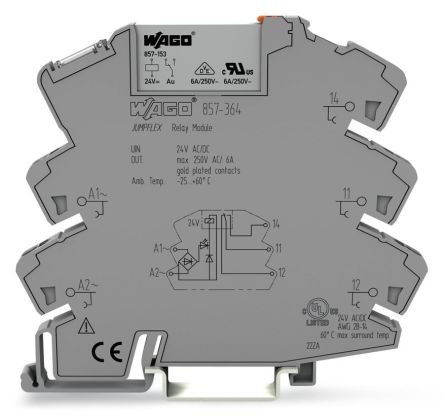 WAGO 857 Series Relay Module, DIN Rail Mount, 24V ac/dc Coil, SPDT, 1-Pole, 6A Load [857-364]; 279-2520