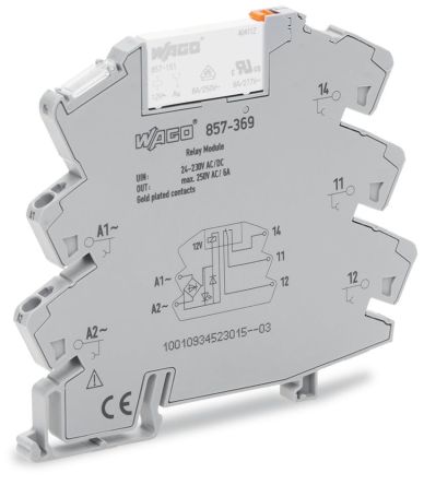 WAGO 857 Series Relay Module, DIN Rail Mount, 24 → 230V ac/dc Coil, SPDT, 1-Pole, 6A Load [857-369]; 279-2522