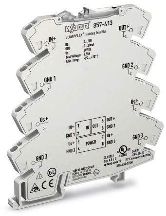 WAGO 857 Series Signal Conditioner, Voltage Input, Current Output, 24V dc Supply [857-413]; 279-2523