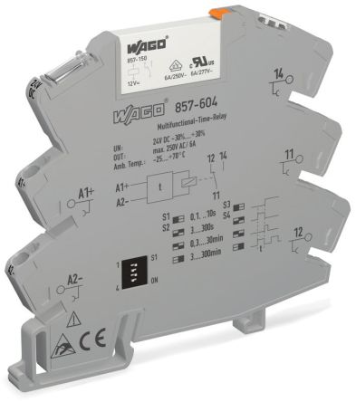 WAGO 857 Series DIN Rail Mount Timer Relay, 250V, 1-Contact, 0.1 s → 300 min, SPDT [857-604]; 279-2531