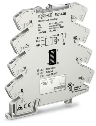 WAGO 857 Series DIN Rail Mount Timer Relay, 250V, 1-Contact, 0.01 s → 100 h, SPDT [857-640]; 279-2534