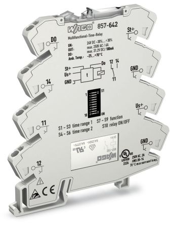 WAGO 857 Series DIN Rail Mount Timer Relay, 250V, 1-Contact, 0.01 s → 100 h, SPDT [857-642]; 279-2535