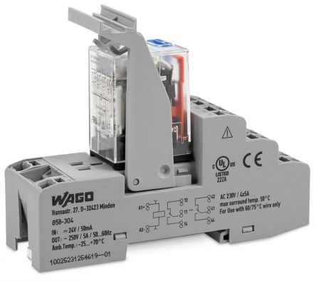 WAGO 858 Series Relay Module, DIN Rail Mount, 12V dc Coil, 4PDT, 4-Pole, 5A Load [858-303]; 279-2553