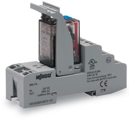 WAGO 858 Series Relay Module, DIN Rail Mount, 24V dc Coil, 4PDT, 4-Pole, 5A Load [858-314]; 279-2554