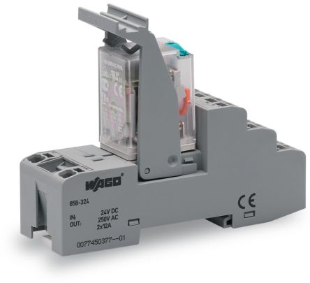 WAGO 858 Series Relay Module, DIN Rail Mount, 24V dc Coil, DPDT, 2-Pole, 12A Load [858-324]; 279-2555