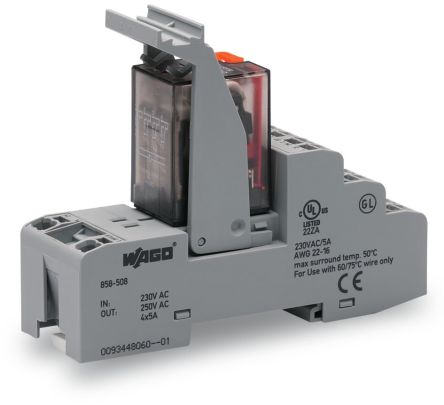 WAGO 858 Series Relay Module, DIN Rail Mount, 230V ac Coil, 4PDT, 4-Pole, 5A Load [858-508]; 279-2560