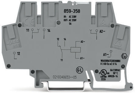 WAGO 859 Series Relay Module, DIN Rail Mount, 230V ac/dc Coil, SPDT, 1-Pole, 5A Load [859-358]; 279-2569