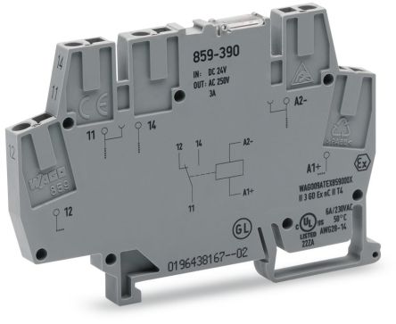 WAGO 859 Series Relay Module, DIN Rail Mount, 24V dc Coil, SPDT, 1-Pole, 5A Load [859-390]; 279-2570
