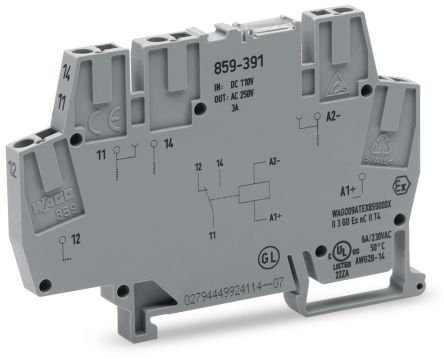 WAGO 859 Series Relay Module, DIN Rail Mount, 110V dc Coil, SPDT, 1-Pole, 5A Load [859-391]; 279-2572