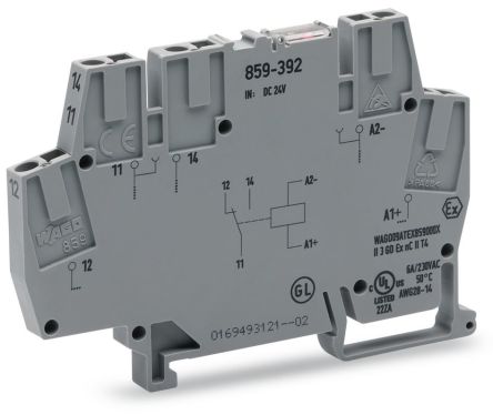 WAGO 859 Series Relay Module, DIN Rail Mount, 24V dc Coil, SPDT, 1-Pole, 5A Load [859-392]; 279-2573