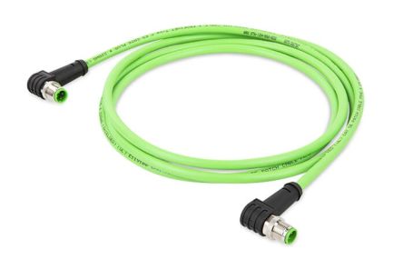 WAGO756, 2m Cat5e, Green M12 to Male M12 Male, Aluminium Foil, Tinned Copper Braid, Terminated Polyurethane Sheath [756-1204/060-020]; 279-3202
