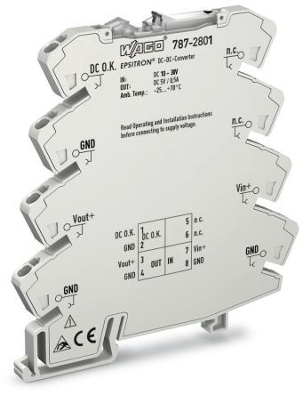 WAGO 787 DC-DC Converter, 5V dc/ 500mA Output, 15 → 30 V dc Input, 2.5W, DIN Rail Mount, +70°C Max Temp -25°C [787-2801]; 279-4119