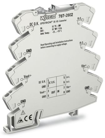 WAGO 787 DC-DC Converter, 10V dc/ 500mA Output, 15 → 30 V dc Input, 5W, DIN Rail Mount, +70°C Max Temp -25°C Min [787-2802]; 279-4120