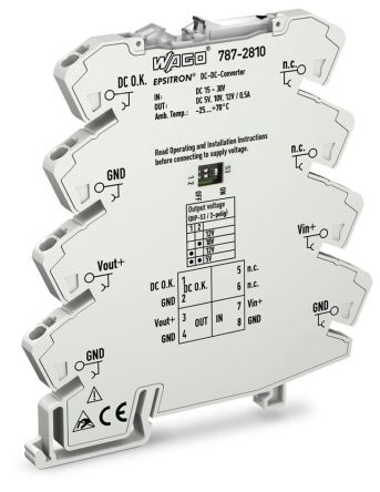 WAGO 787 DC-DC Converter, 5V dc/ 500mA Output, 15 → 30 V dc Input, 2.5W, DIN Rail Mount, +70°C Max Temp -25°C [787-2810]; 279-4122