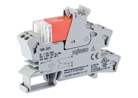 WAGO 788 Series Relay Module, DIN Rail Mount, 12V dc Coil, SPDT, 1-Pole, 16A Load [788-303]; 279-4209
