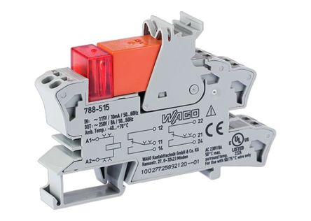 WAGO 788 Series Relay Module, DIN Rail Mount, 115V ac Coil, DPDT, 2-Pole, 8A Load [788-515]; 279-4226