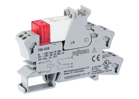 WAGO 788 Series Relay Module, DIN Rail Mount, 230V ac Coil, SPDT, 1-Pole, 16A Load [788-608]; 279-4233