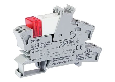 WAGO 788 Series Relay Module, DIN Rail Mount, 230V ac Coil, DPDT, 2-Pole, 8A Load [788-616]; 279-4235