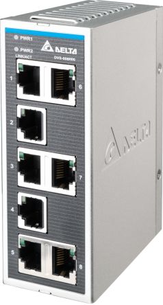 Delta Electronics DVS Series DIN Rail, Wall Industrial Ethernet Switch, 8 RJ45 Ports, 1000Mbit/s Transmission, 12 [DVS-008R00]; 281-2515